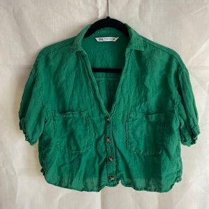 Zara Linen Green Crop Button Up